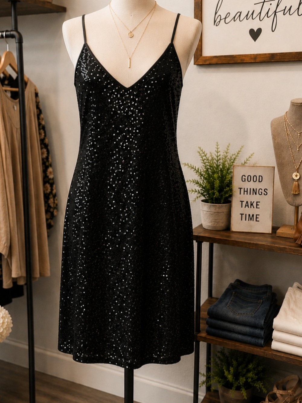 *Sans Souci Black Sequin Midi Slip Dress Pit 18 Lenght 36 Lined No Pockets